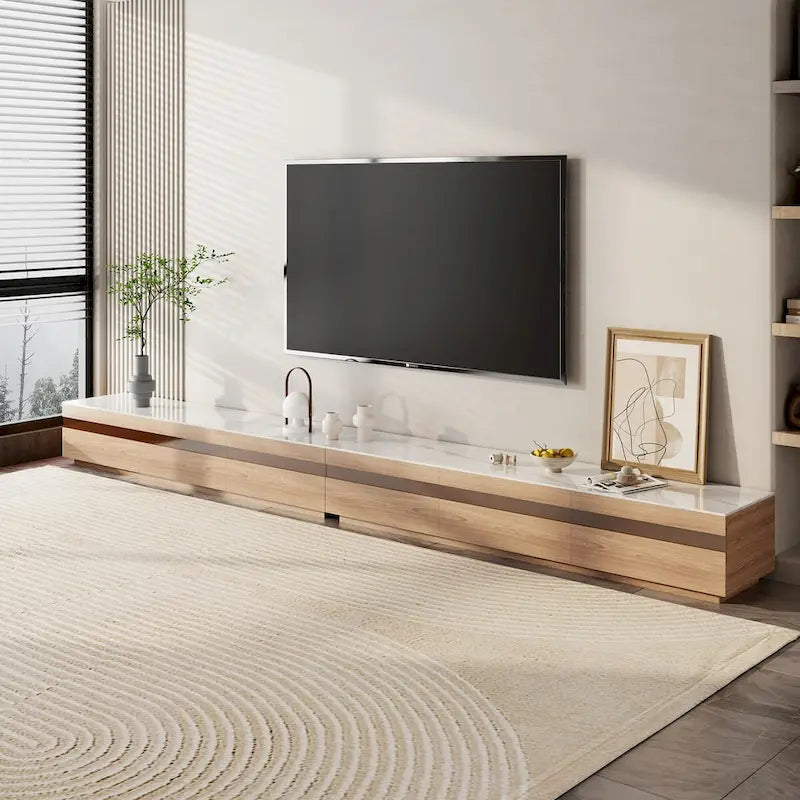Meuble TV en bois avec plateau en pierre et tiroirs de rangement