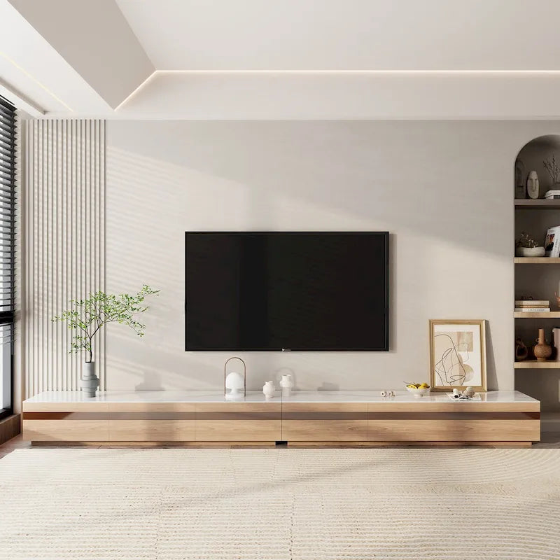 Meuble TV en bois avec plateau en pierre et tiroirs de rangement