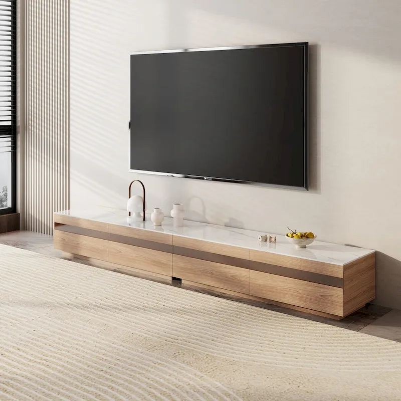 Meuble TV en bois avec plateau en pierre et tiroirs de rangement