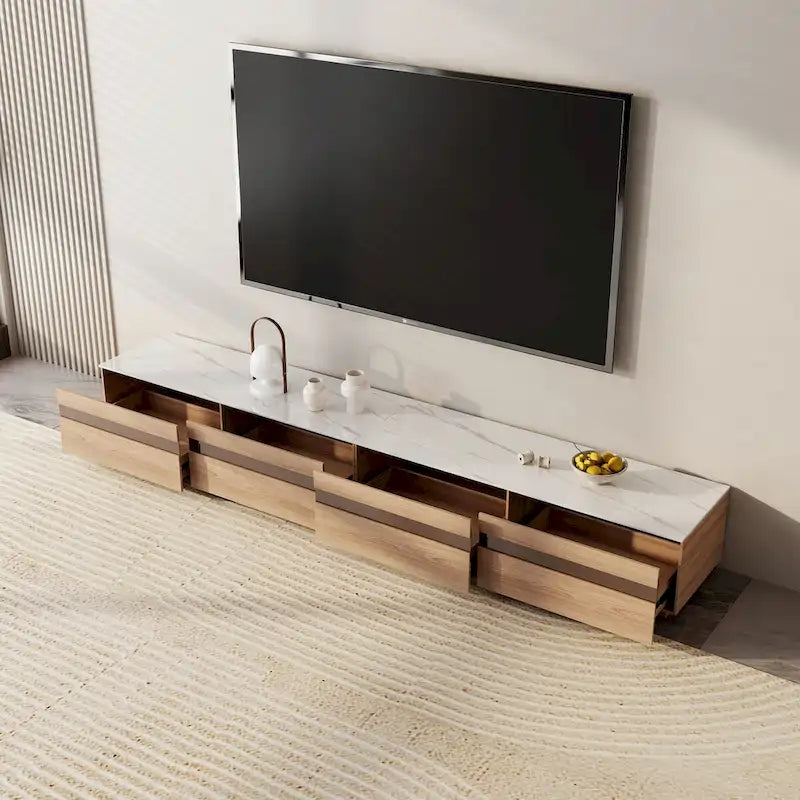 Meuble TV en bois avec plateau en pierre et tiroirs de rangement