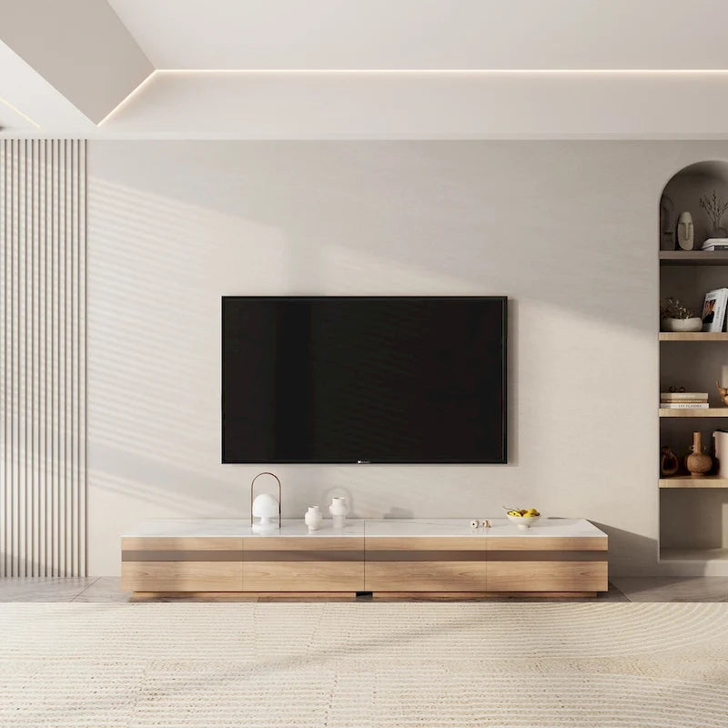 Meuble TV en bois avec plateau en pierre et tiroirs de rangement