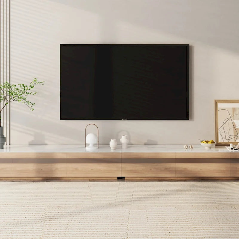 Meuble TV en bois avec plateau en pierre et tiroirs de rangement