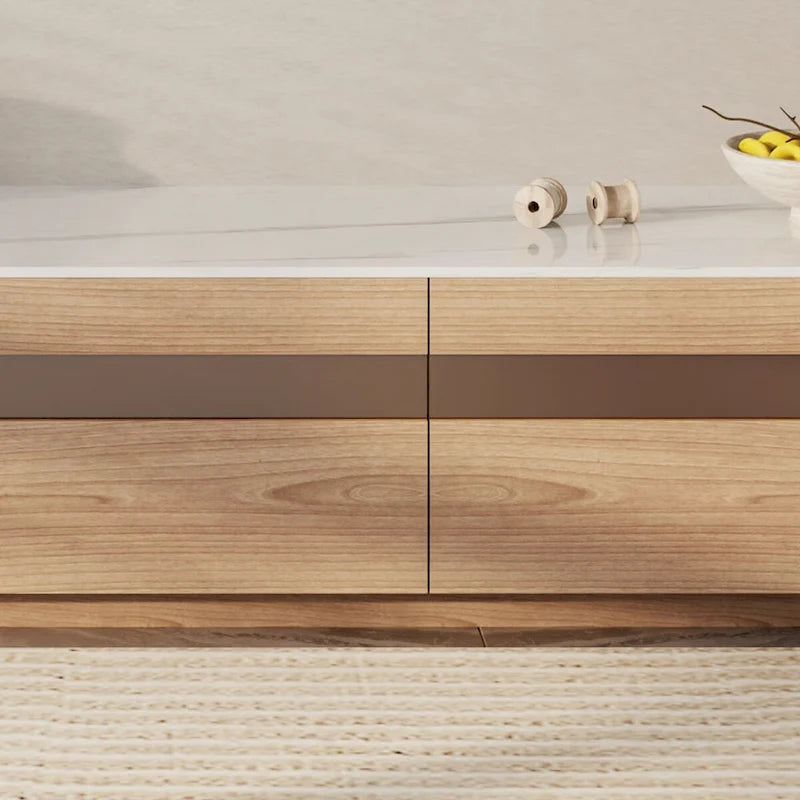 Meuble TV en bois avec plateau en pierre et tiroirs de rangement