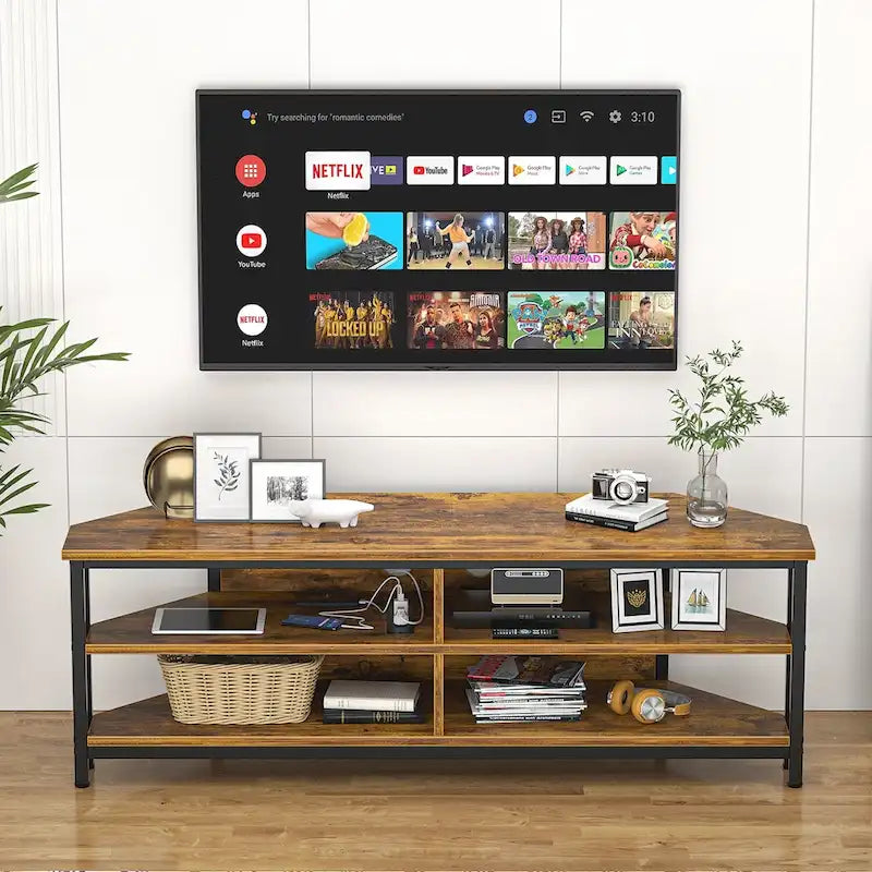 Meuble TV d'angle avec étagères de rangement et station de recharge intégrée, style industriel rustique