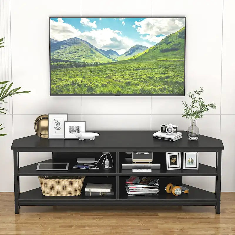 Meuble TV d'angle avec étagères de rangement et station de recharge intégrée, style industriel rustique