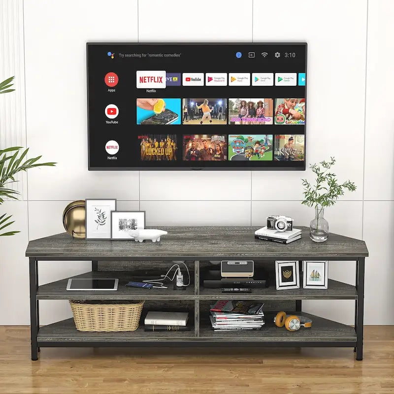 Meuble TV d'angle avec étagères de rangement et station de recharge intégrée, style industriel rustique