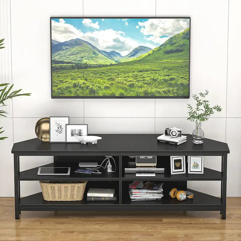 Meuble TV d'angle avec étagères de rangement et station de recharge intégrée, style industriel rustique