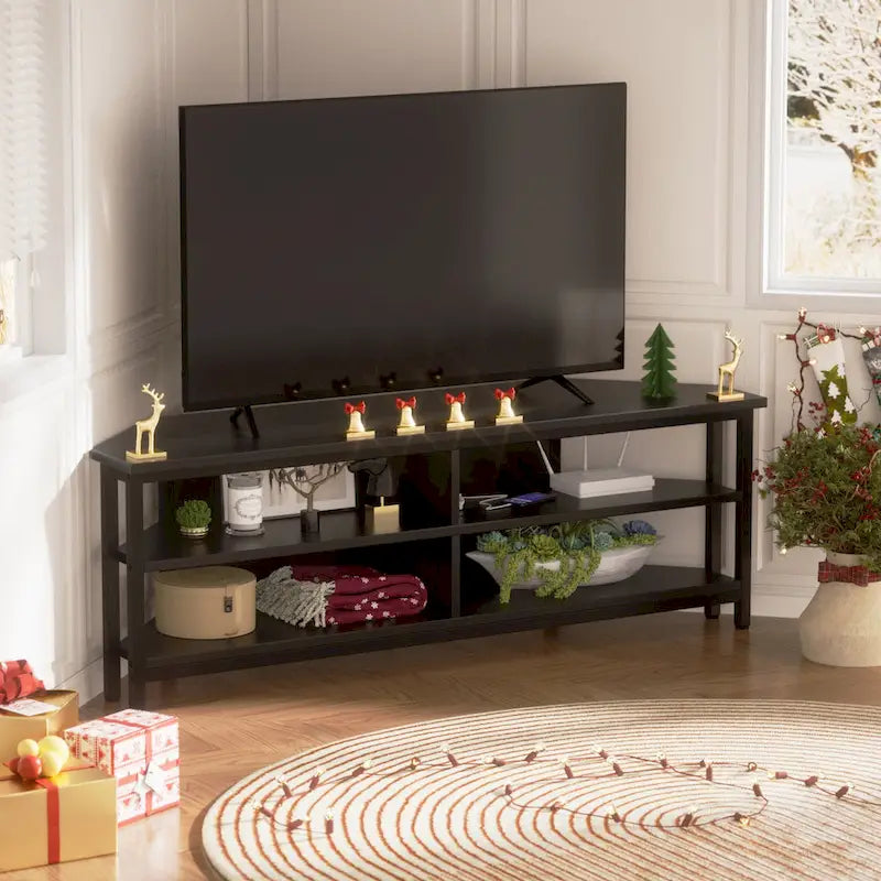 Meuble TV d'angle avec étagères de rangement et station de recharge intégrée, style industriel rustique