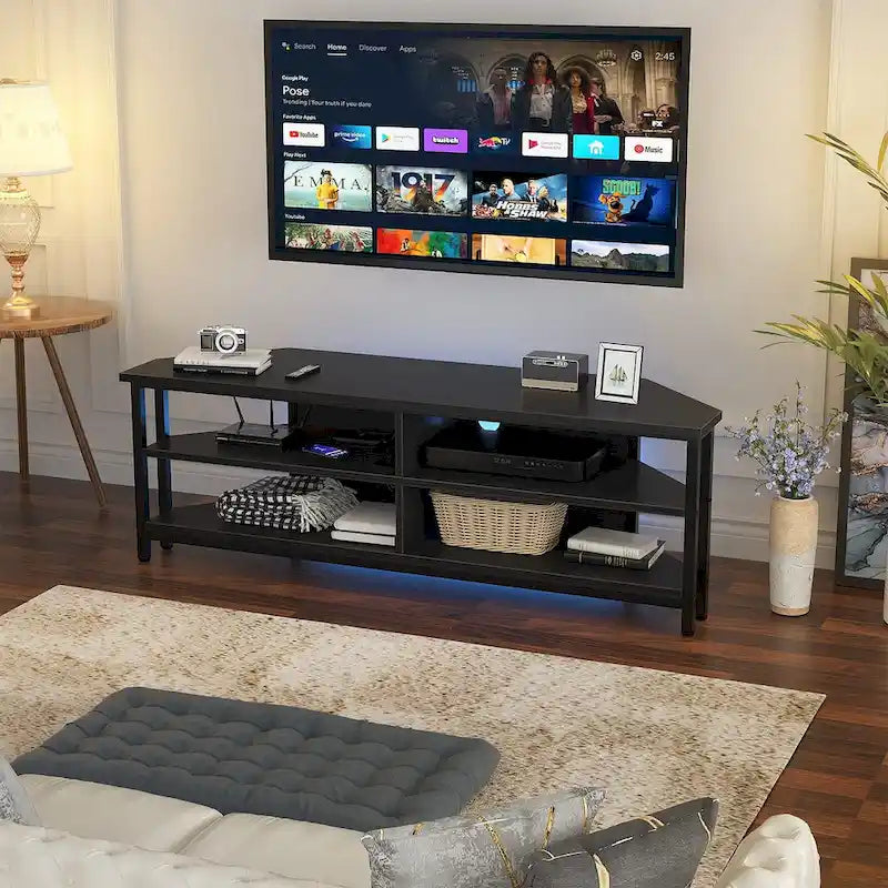 Meuble TV d'angle avec étagères de rangement et station de recharge intégrée, style industriel rustique