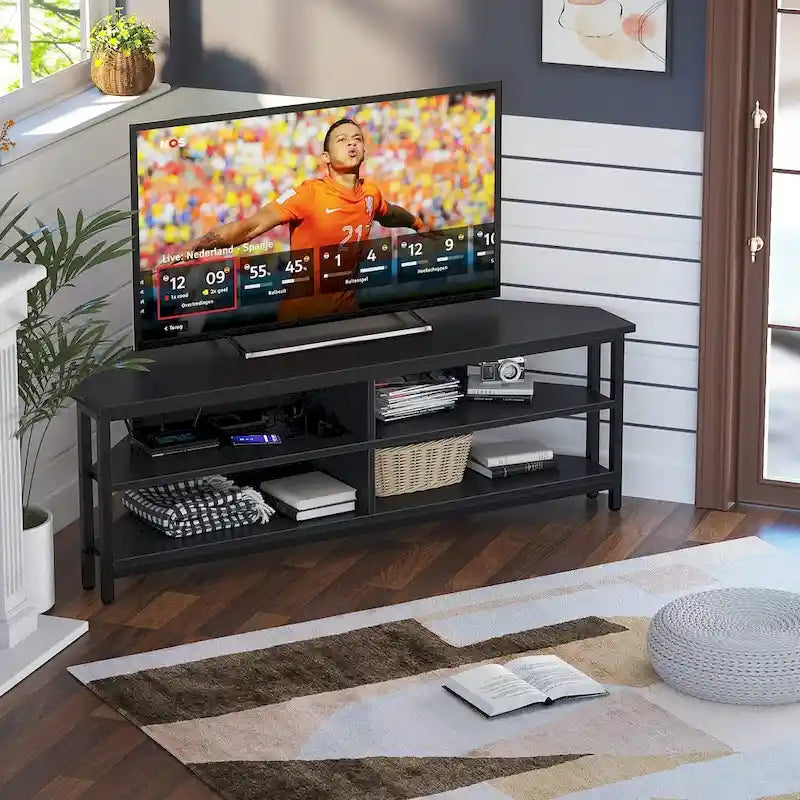 Meuble TV d'angle avec étagères de rangement et station de recharge intégrée, style industriel rustique
