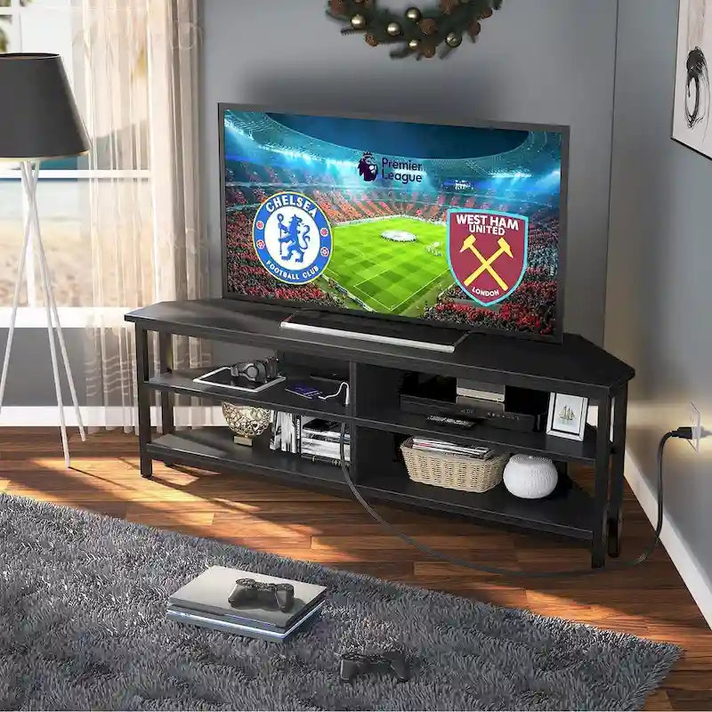 Meuble TV d'angle avec étagères de rangement et station de recharge intégrée, style industriel rustique