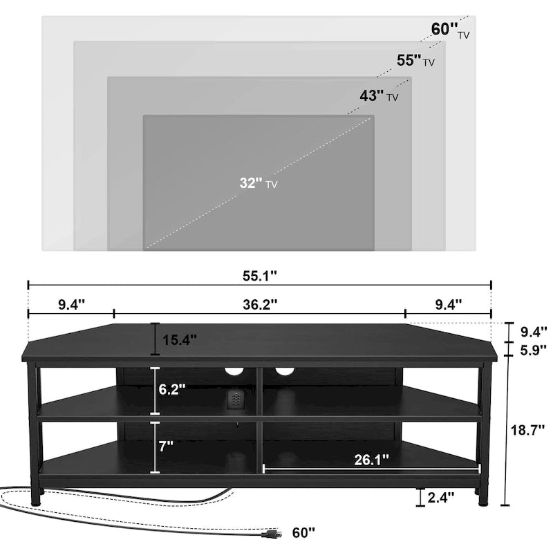 Meuble TV d'angle avec étagères de rangement et station de recharge intégrée, style industriel rustique