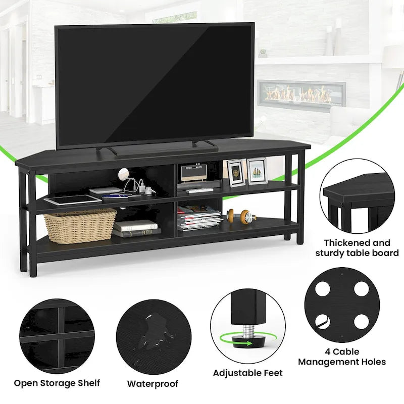 Meuble TV d'angle avec étagères de rangement et station de recharge intégrée, style industriel rustique