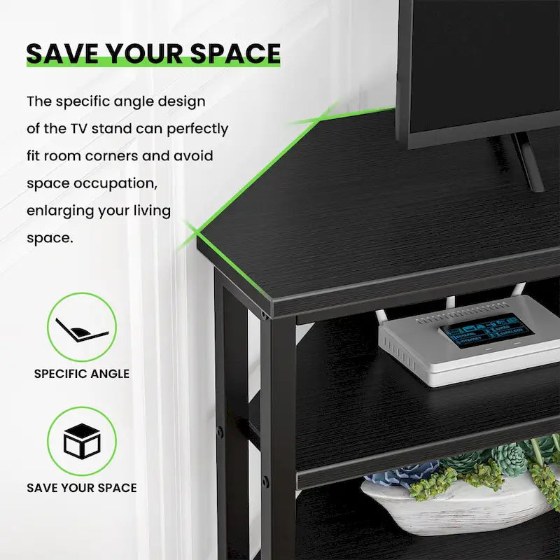 Meuble TV d'angle avec étagères de rangement et station de recharge intégrée, style industriel rustique