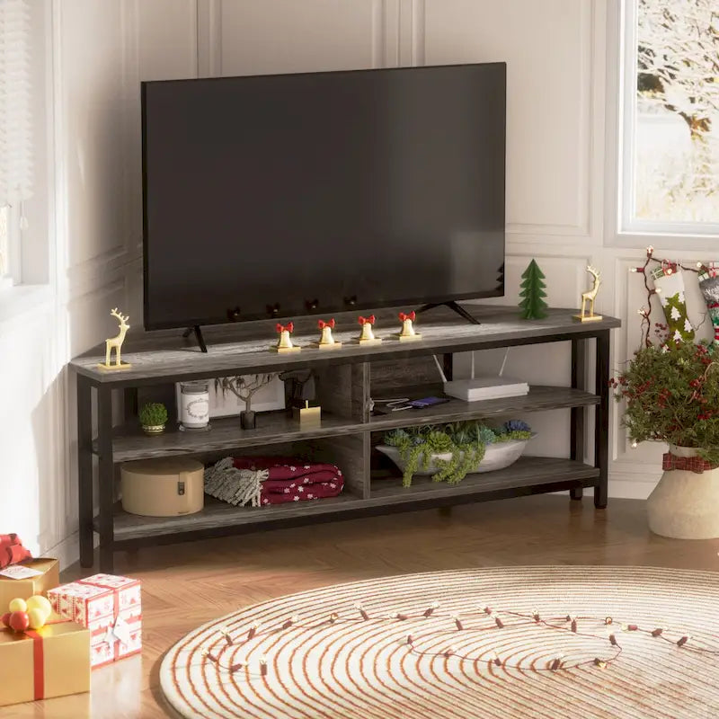 Meuble TV d'angle avec étagères de rangement et station de recharge intégrée, style industriel rustique