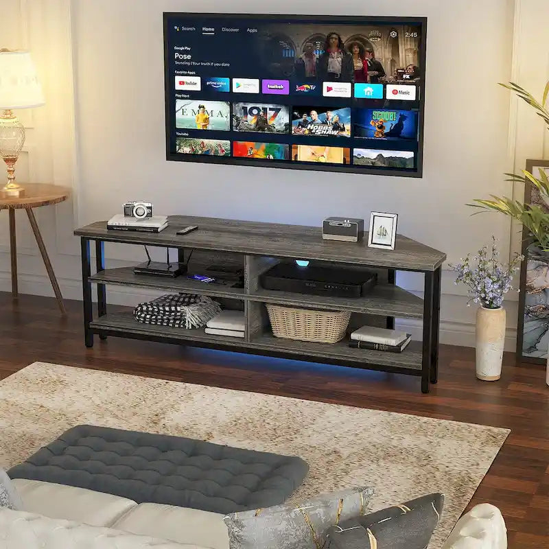 Meuble TV d'angle avec étagères de rangement et station de recharge intégrée, style industriel rustique