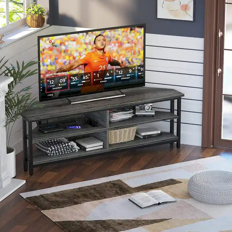 Meuble TV d'angle avec étagères de rangement et station de recharge intégrée, style industriel rustique