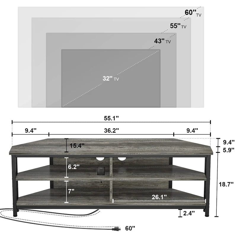 Meuble TV d'angle avec étagères de rangement et station de recharge intégrée, style industriel rustique