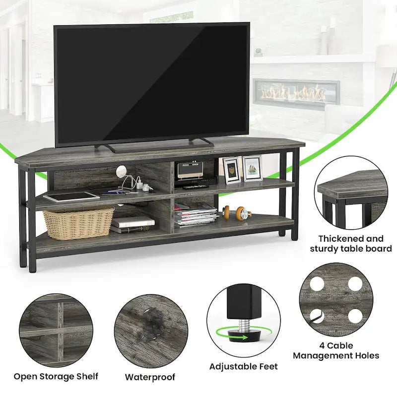 Meuble TV d'angle avec étagères de rangement et station de recharge intégrée, style industriel rustique