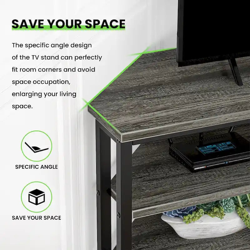 Meuble TV d'angle avec étagères de rangement et station de recharge intégrée, style industriel rustique