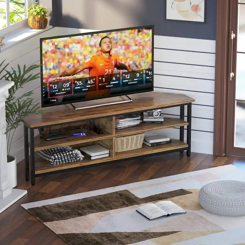 Meuble TV d'angle avec étagères de rangement et station de recharge intégrée, style industriel rustique