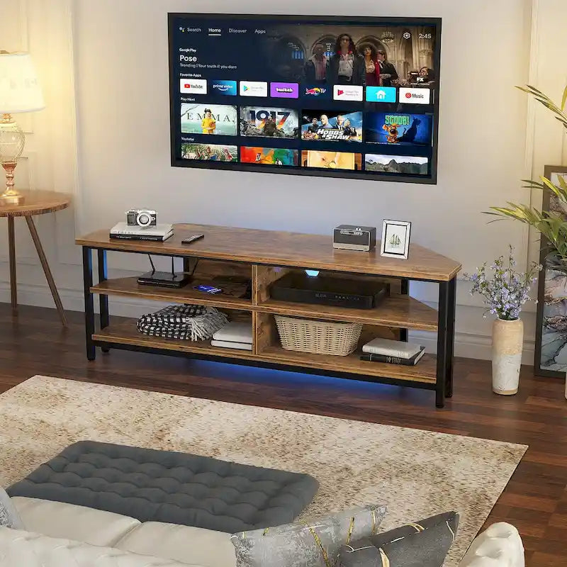 Meuble TV d'angle avec étagères de rangement et station de recharge intégrée, style industriel rustique