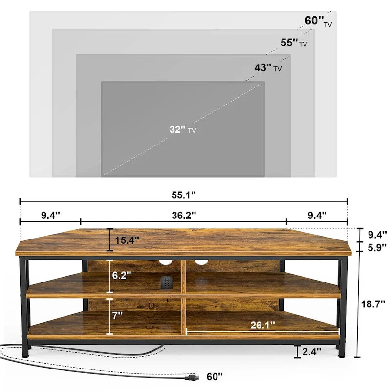 Meuble TV d'angle avec étagères de rangement et station de recharge intégrée, style industriel rustique