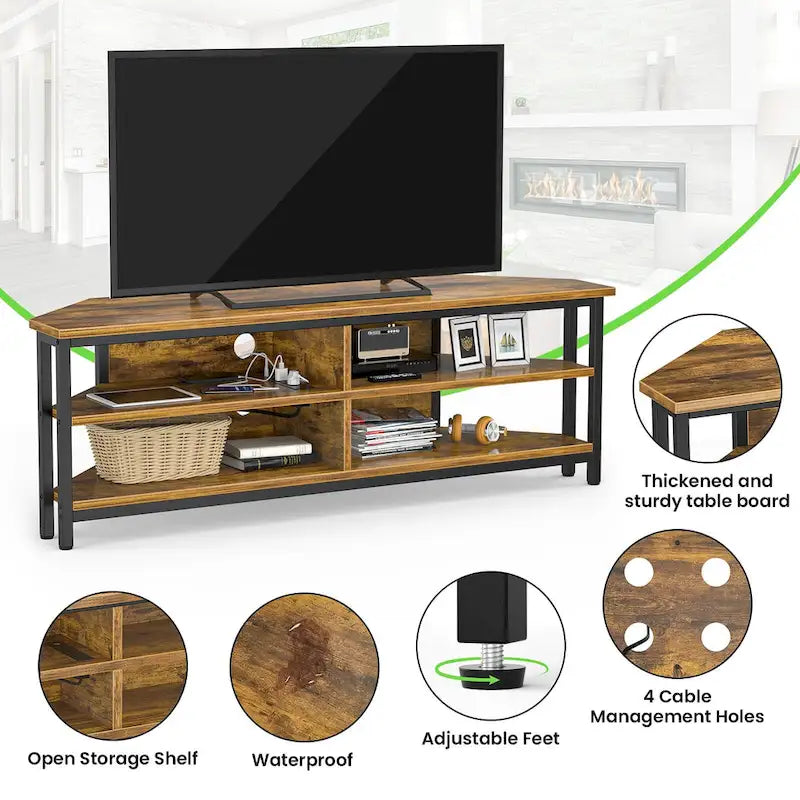Meuble TV d'angle avec étagères de rangement et station de recharge intégrée, style industriel rustique