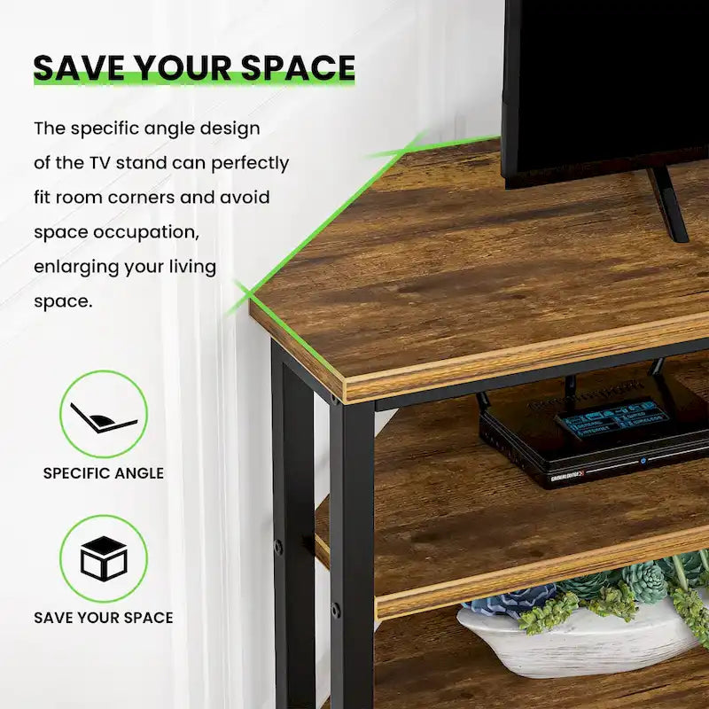 Meuble TV d'angle avec étagères de rangement et station de recharge intégrée, style industriel rustique
