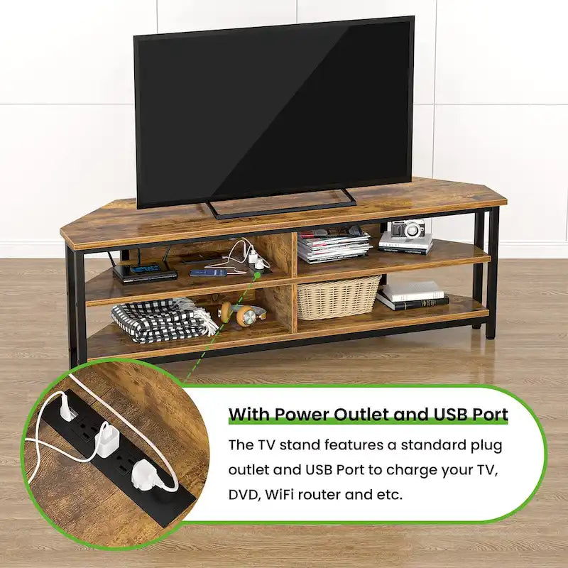 Meuble TV d'angle avec étagères de rangement et station de recharge intégrée, style industriel rustique