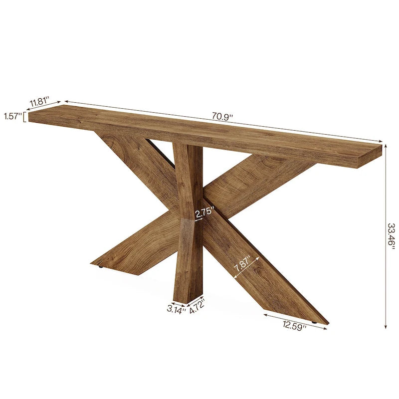 Console en bois rustique grainé avec base géométrique en X, style ferme