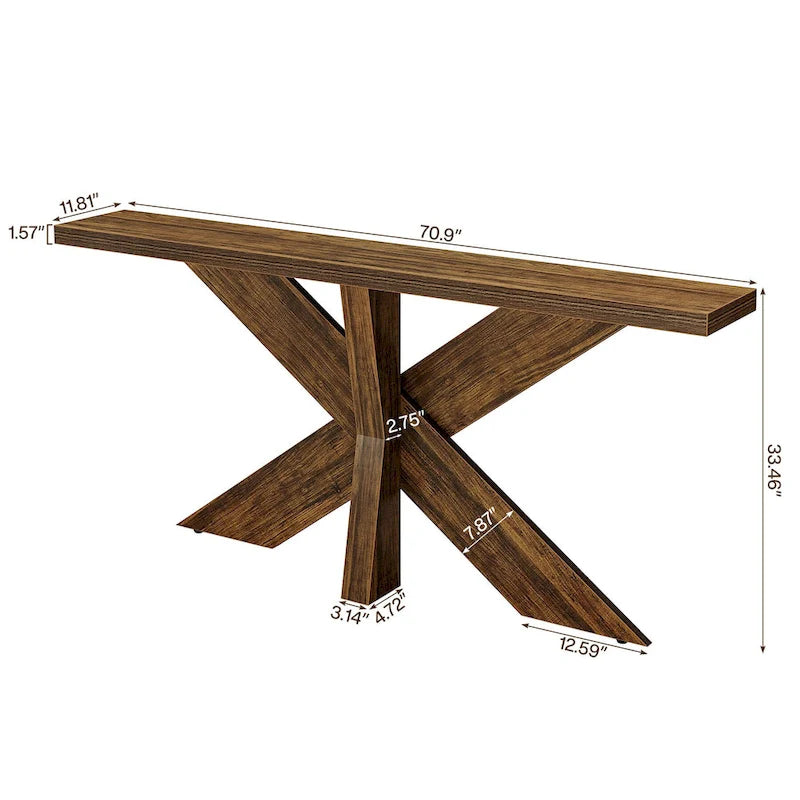 Console en bois rustique grainé avec base géométrique en X, style ferme