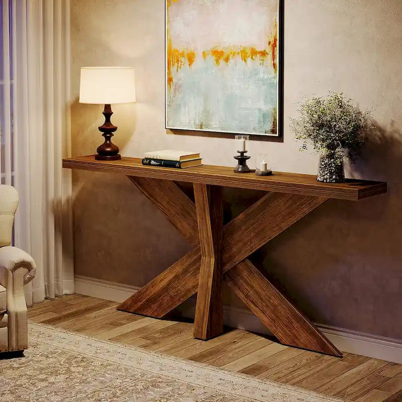 Console en bois rustique grainé avec base géométrique en X, style ferme