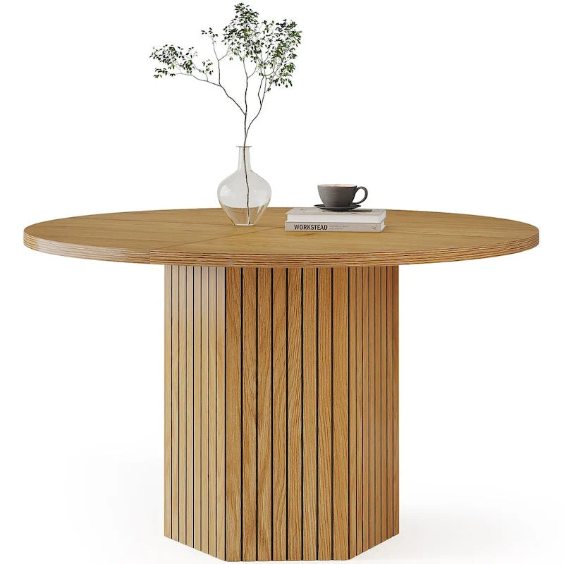 Table de salle à manger ronde de style rustique avec base piédestal à lattes, marron