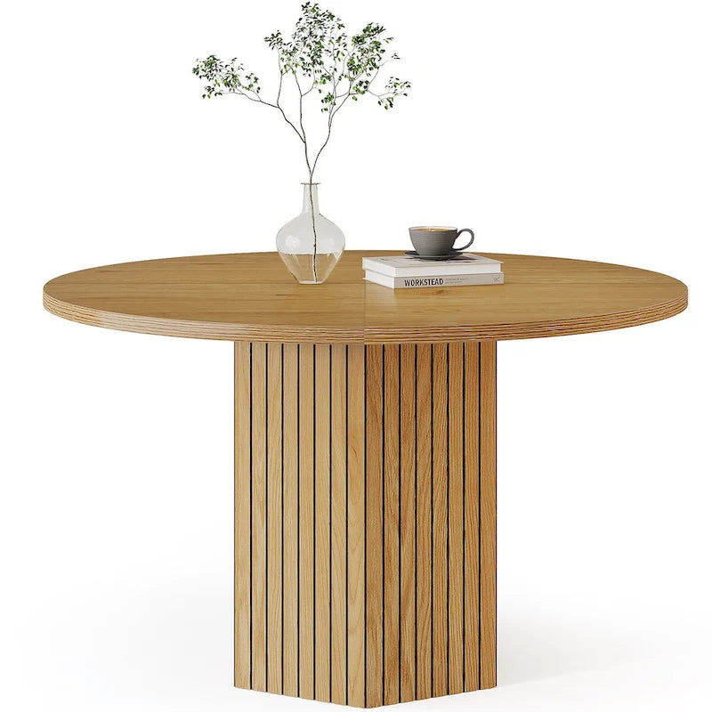 Table de salle à manger ronde de style rustique avec base piédestal à lattes, marron