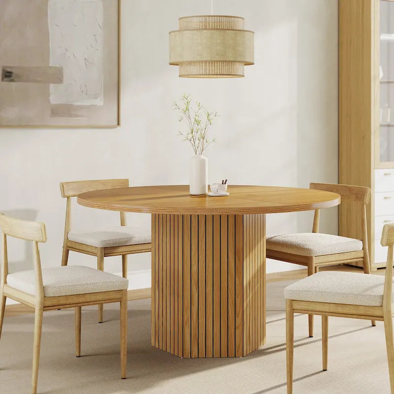 Table de salle à manger ronde de style rustique avec base piédestal à lattes, marron