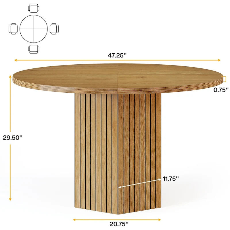 Table de salle à manger ronde de style rustique avec base piédestal à lattes, marron