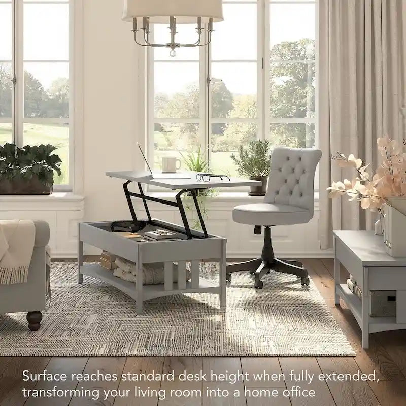 Table basse relevable avec compartiment de rangement dissimulé et étagère inférieure, Blanc antique