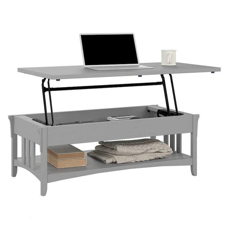 Table basse relevable avec compartiment de rangement dissimulé et étagère inférieure, Blanc antique