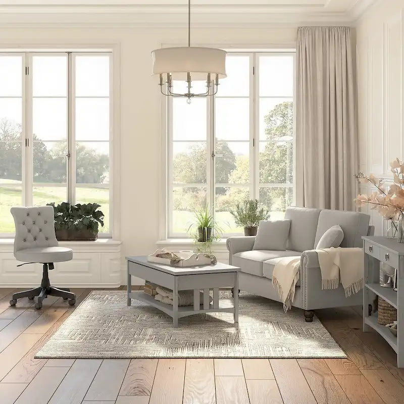 Table basse relevable avec compartiment de rangement dissimulé et étagère inférieure, Blanc antique