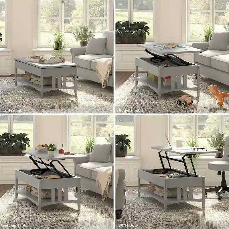 Table basse relevable avec compartiment de rangement dissimulé et étagère inférieure, Blanc antique
