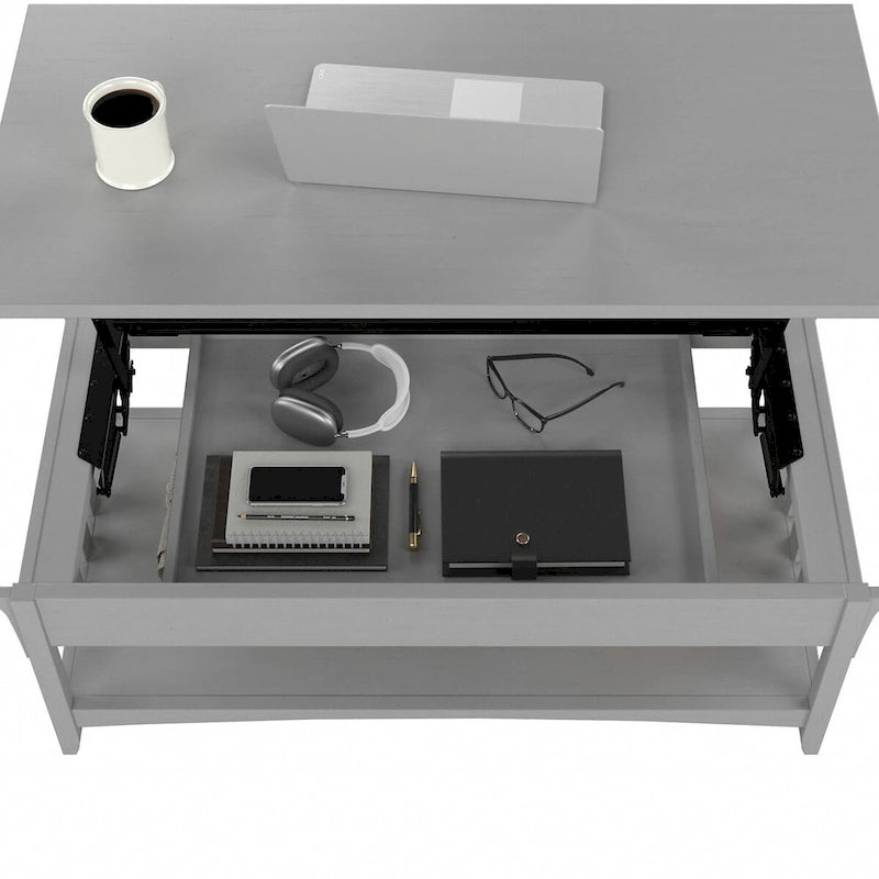 Table basse relevable avec compartiment de rangement dissimulé et étagère inférieure, Blanc antique