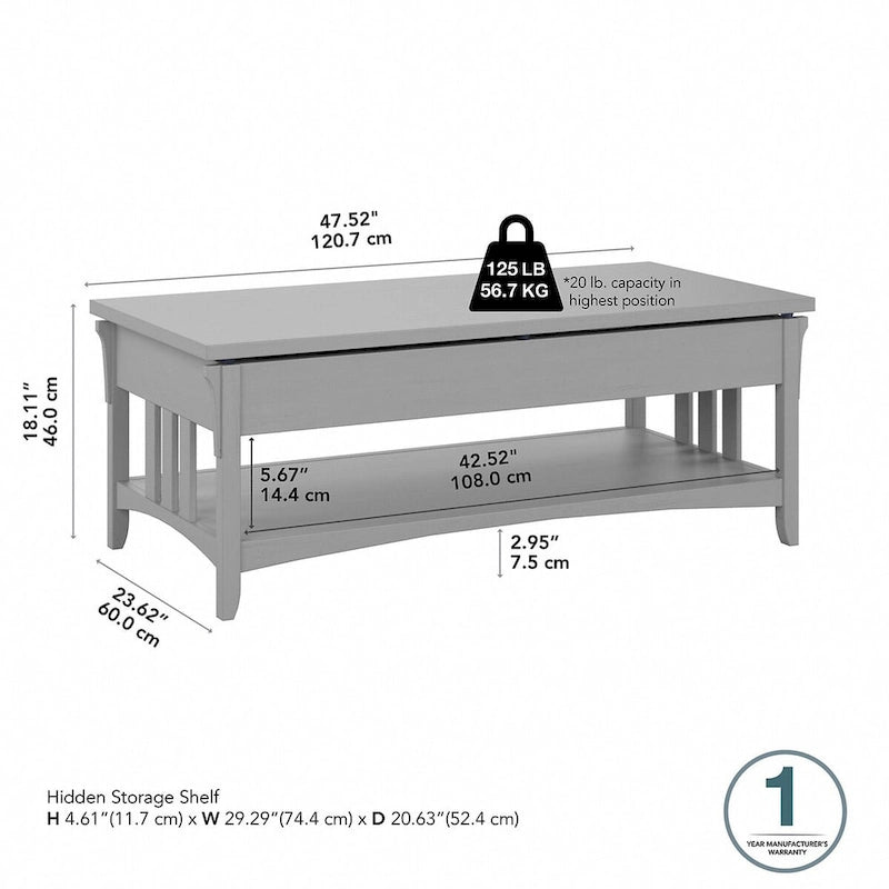 Table basse relevable avec compartiment de rangement dissimulé et étagère inférieure, Blanc antique
