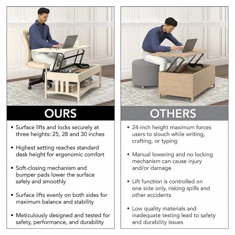 Table basse relevable avec compartiment de rangement dissimulé et étagère inférieure, Blanc antique