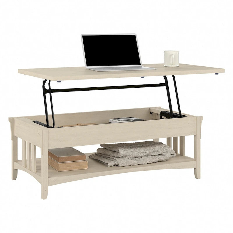 Table basse relevable avec compartiment de rangement dissimulé et étagère inférieure, Blanc antique