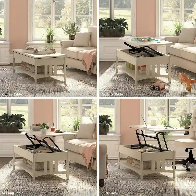 Table basse relevable avec compartiment de rangement dissimulé et étagère inférieure, Blanc antique