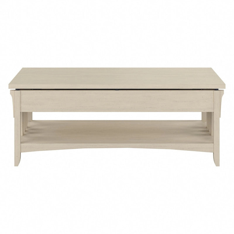 Table basse relevable avec compartiment de rangement dissimulé et étagère inférieure, Blanc antique