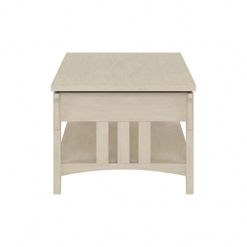 Table basse relevable avec compartiment de rangement dissimulé et étagère inférieure, Blanc antique