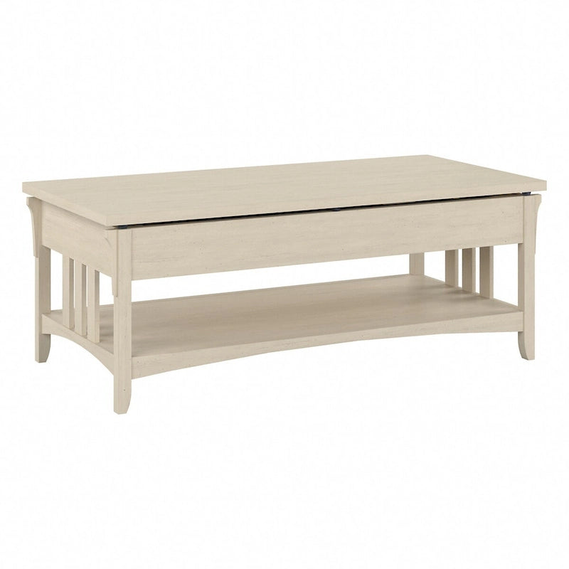 Table basse relevable avec compartiment de rangement dissimulé et étagère inférieure, Blanc antique