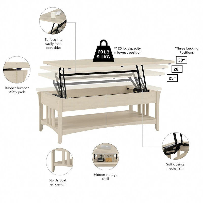 Table basse relevable avec compartiment de rangement dissimulé et étagère inférieure, Blanc antique